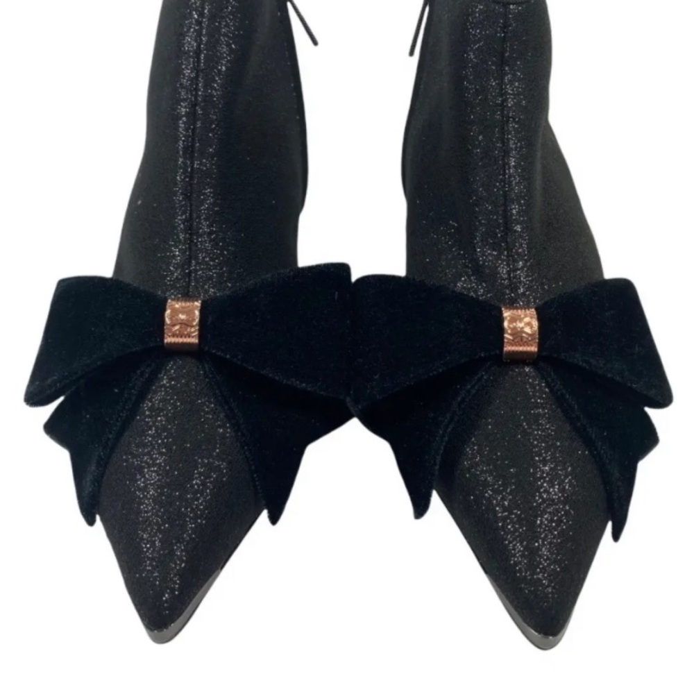 Ted Baker size 37 EUC/GUC “Bowtee” Lurex bow Black Ankle Boots with Kitten Heel